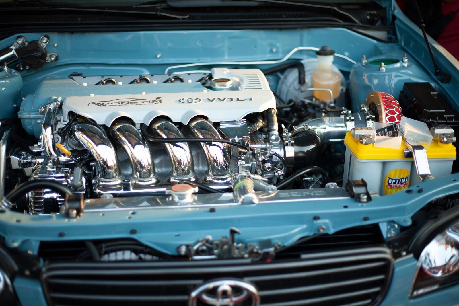 A detailed, clean car engine bay